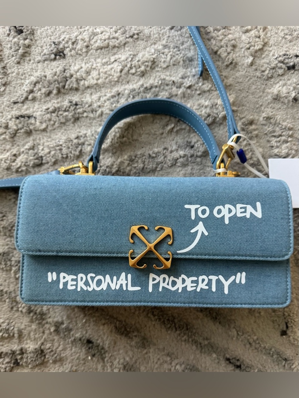New Off-White Jitney Top Handle Bag Light Blue Denim Gold Tone Logo Crossbody